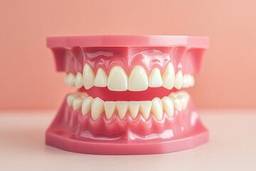 Obraz premium Dental model showcasing realistic teeth on a pink base against a soft background.