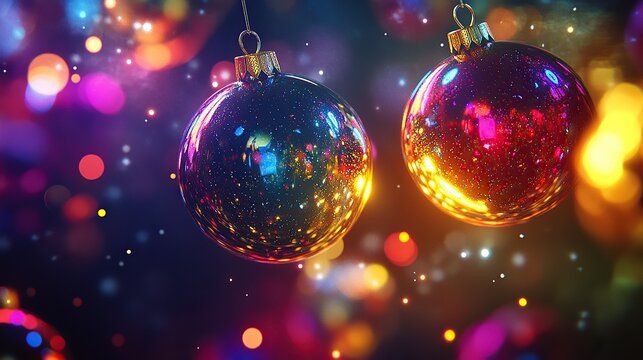 Large abstract holiday ornaments floating in space