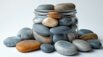 A clear glass jar filled with smooth, colorful pebbles, surrounded by more pebbles on a light background.
