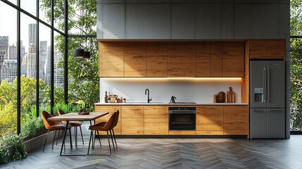 Modern apartment kitchen with herringbone wood floor, white walls and light wood cabinets, city view through large window, contemporary furniture and blank wall space for mock up
