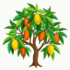 Cartoon Mango Tree Illustration with Ripe and Unripe Mangoes.