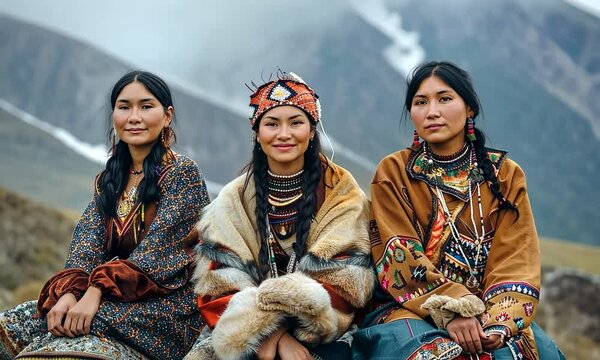 Indigenous peoples of south America, tree woman in traditional clothes is sitting on stone and admiring landscape