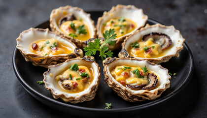 Chargrilled oysters with garlic butter in cinematic presentation, gourmet delight