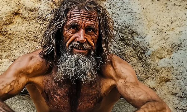 Face reconstruction of prehistorical time human, homo sapience as in museum