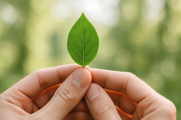 Gros plan sur des mains tenant une feuille verte sur fond flou naturel, symbole de respect de la nature et de durabilit&eacute;