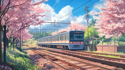 Naklejka premium Japan train in sakura cherry blossom seasom at Yamakita Town Kanagawa prefecture