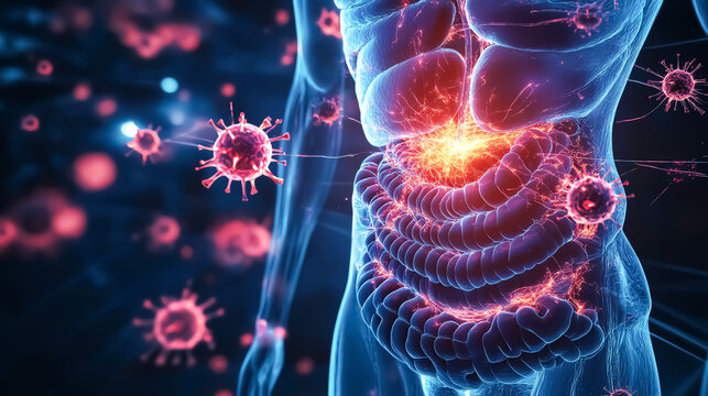 Conceptual art of a human digestive system with highlighted colon, glowing immune response attacking cancerous cells, futuristic medical theme