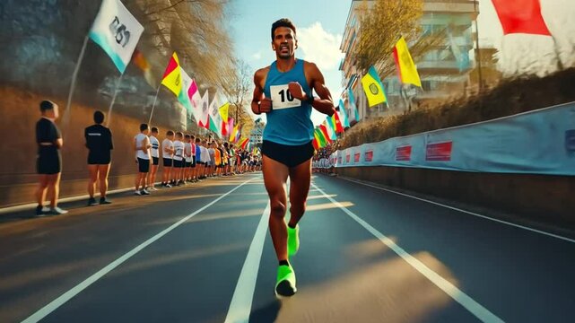 Marathon Runner: A determined marathon runner, strides confidently through the race, his eyes fixed on the finish line. A vibrant scene of athleticism and determination.