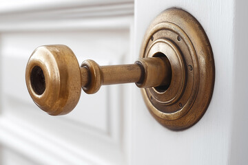 Close-up of a vintage brass door handle against a white door, showcasing its intricate design and warm tones.