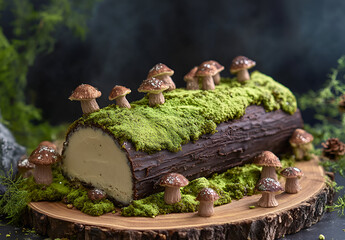 Chocolate Yule Log Cake with Mushrooms and Moss