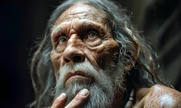 Face reconstruction of prehistorical time human, homo sapience as in museum