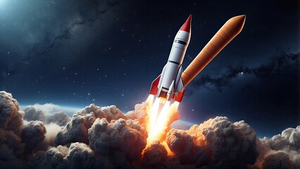 Digital illustration of a rocket made of glowing orange geometric lines and points