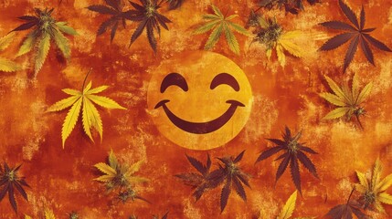 Happy smiling face surrounded by cannabis leaves on orange background.