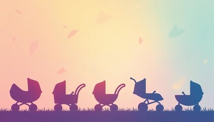 Cute stroller silhouettes repeated on pastel background, vector, background pattern