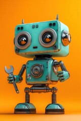 Fototapeta premium Cute teal robot holding a wrench on bright orange background
