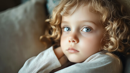A closeup portrait of a little girl with curly blonde hair, resting her head on a sofa, looking pensive, soft and dreamy natural lighting, ultraHD details