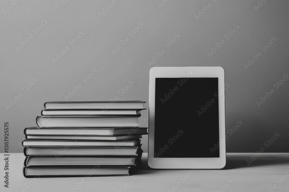 Fototapete stylish monochrome educational setting with books and digital tablet on a soft gradient backdrop for