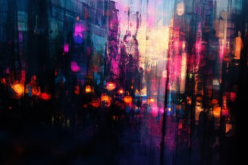 Fototapeta premium Night City Glow Abstract Urban Landscape - Vibrant city at night, depicted with abstract brushstrokes. Symbolizes urban energy, nightlife, modern life, technological advancement
