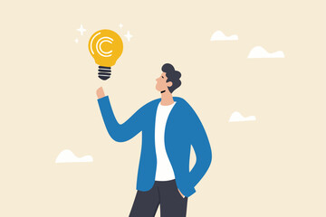 Copyright reserved, trademark intellectual property protection, original idea or innovation, legal or law protection registered concept, businessman holding light bulb idea with copyright symbol.