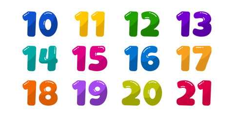 Cartoon number from ten to twenty one, cute kid math font, school funny 10 to 21 letter, alphabet colorful bubble, children education figure set isolated on white background. Learn vector illustration