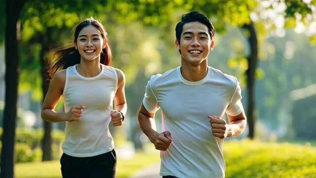 Morning Run: A vibrant couple sprints through a sun-drenched park, radiating health and energy as they share a moment of invigorating fitness. 