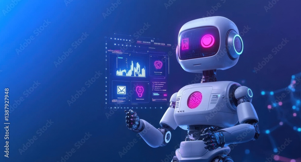 Poster futuristic robot interacting with high-tech display interface in digital environment