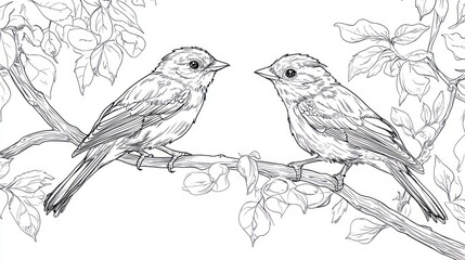 Fototapeta premium Two birds on a branch, detailed line art illustration