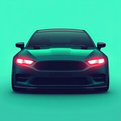 Naklejka premium Sleek modern car facing forward with vibrant background and illuminated headlights at nighttime