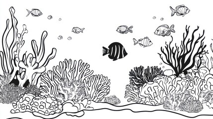 Naklejka premium Black and white underwater coral reef scene
