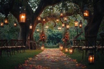 A beautifully decorated outdoor space with candles for a special event