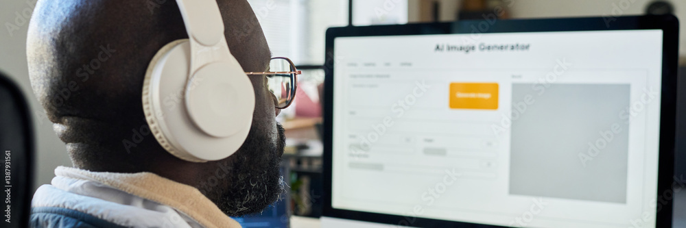 Aufkleber header of young bald man in headphones listening to music and looking at computer screen with ai ima