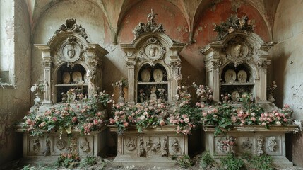 Decayed, ornate mausoleums filled with faded flowers