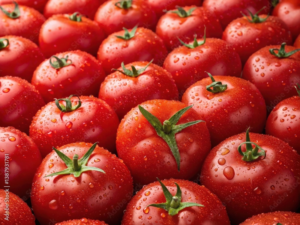 Poster a close-up view of ripe red tomatoes in a bunch, with droplets of water on them.