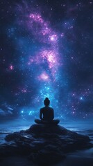 Serene Silhouette: Meditating Under a Cosmic Starry Sky for Inner Peace and Spiritual Enlightenment