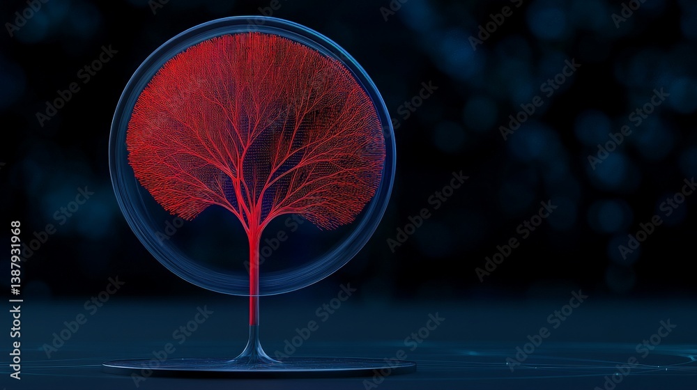Wall mural abstract red tree design with glowing outline on dark background