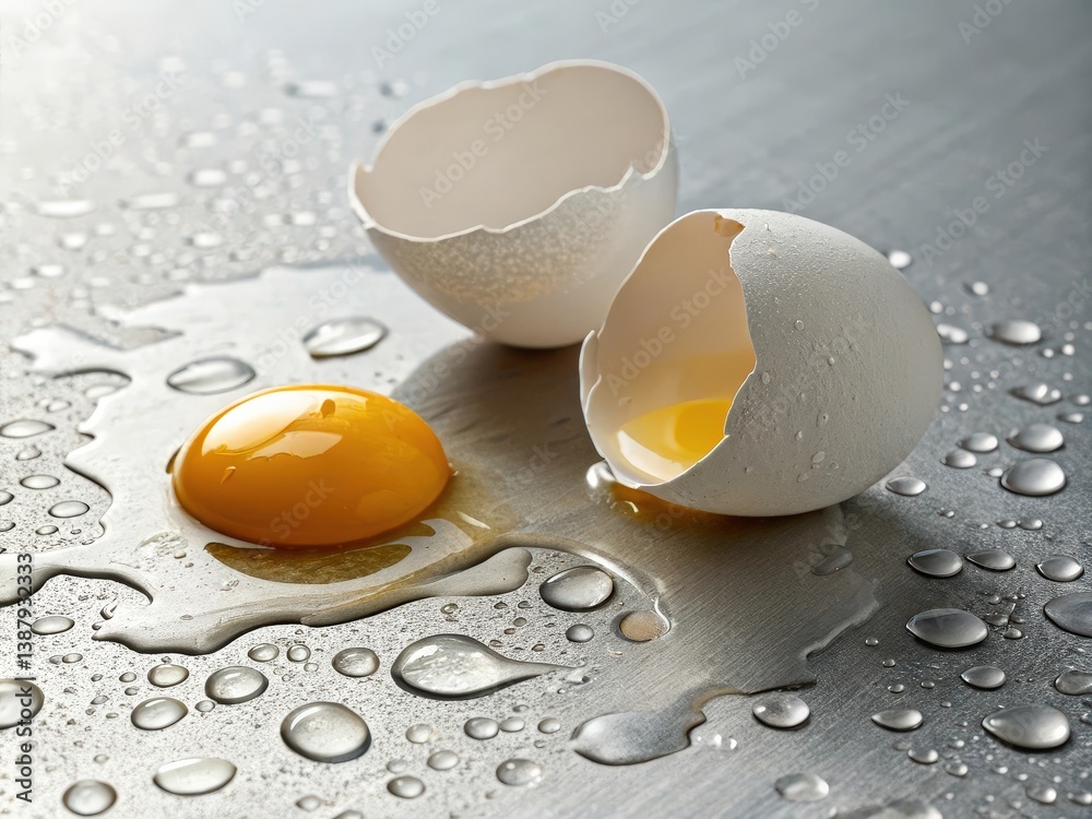 Poster two eggs in their shells on a wet surface, one cracked open revealing the yolk.