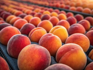  A close-up view of ripe peaches in neat rows on trays, showcasing their vibrant orange color and smooth texture.
