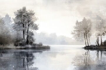 A serene landscape painting depicting trees reflected in the water