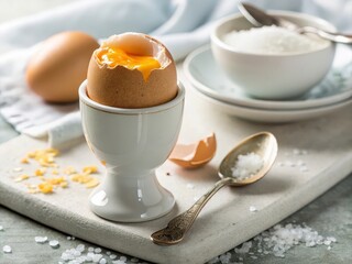  A white bowl containing an egg with runny yolk, surrounded by yellow mustard seeds on a wooden cutting board.