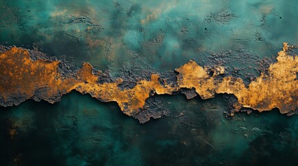 Textured green and black metal surface with golden rust details, perfect for backgrounds and design overlays.