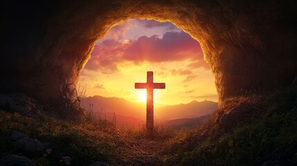 Resurrection Sunrise Cross - A cross silhouetted against a vibrant sunrise, viewed from inside a cave. Symbol of hope and faith
