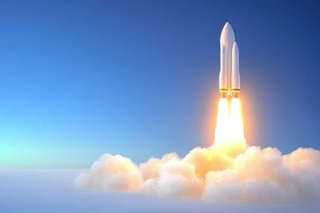 Obraz premium Rocket Launch Ascent Through Cloudscape - Powerful rocket launching, symbolizes ambition, innovation, exploration, progress, and the future
