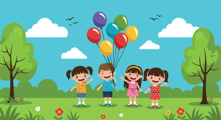 Fototapeta premium Happy children holding balloons in summer park under blue sky