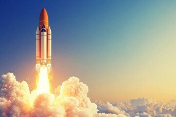 Obraz premium Rocket Launch at Sunrise - A powerful rocket ascends through vibrant clouds, symbolizing ambition, innovation, exploration, freedom, and progress