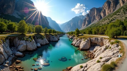 Samaria Gorge in Greece during midday, with hot, sunny summer conditions, shot from a panoramic perspective.