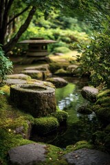 Fototapeta premium Traditional Japanese garden with stone lantern, moss, and flowing water creating a serene atmosphere