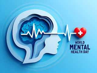 Mental Health Day Concept Paper Cut Brain Head Heartbeat Illustration