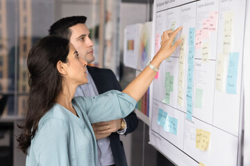 Couple of serious Hispanic project managers working on tasking at Kanban scrum board, analyzing schedule, reviewing sticky notes on whiteboard, discussing teamwork strategy