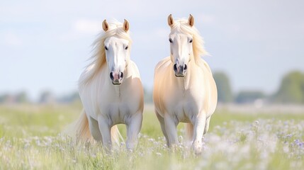 Obraz premium Two beautiful, light-cream colored horses in a field of wildflowers, running towards the camera. Soft, natural light and a dreamy atmosphere