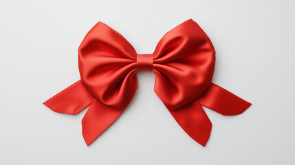 Fototapeta premium Holiday background with red satin bow on white backdrop